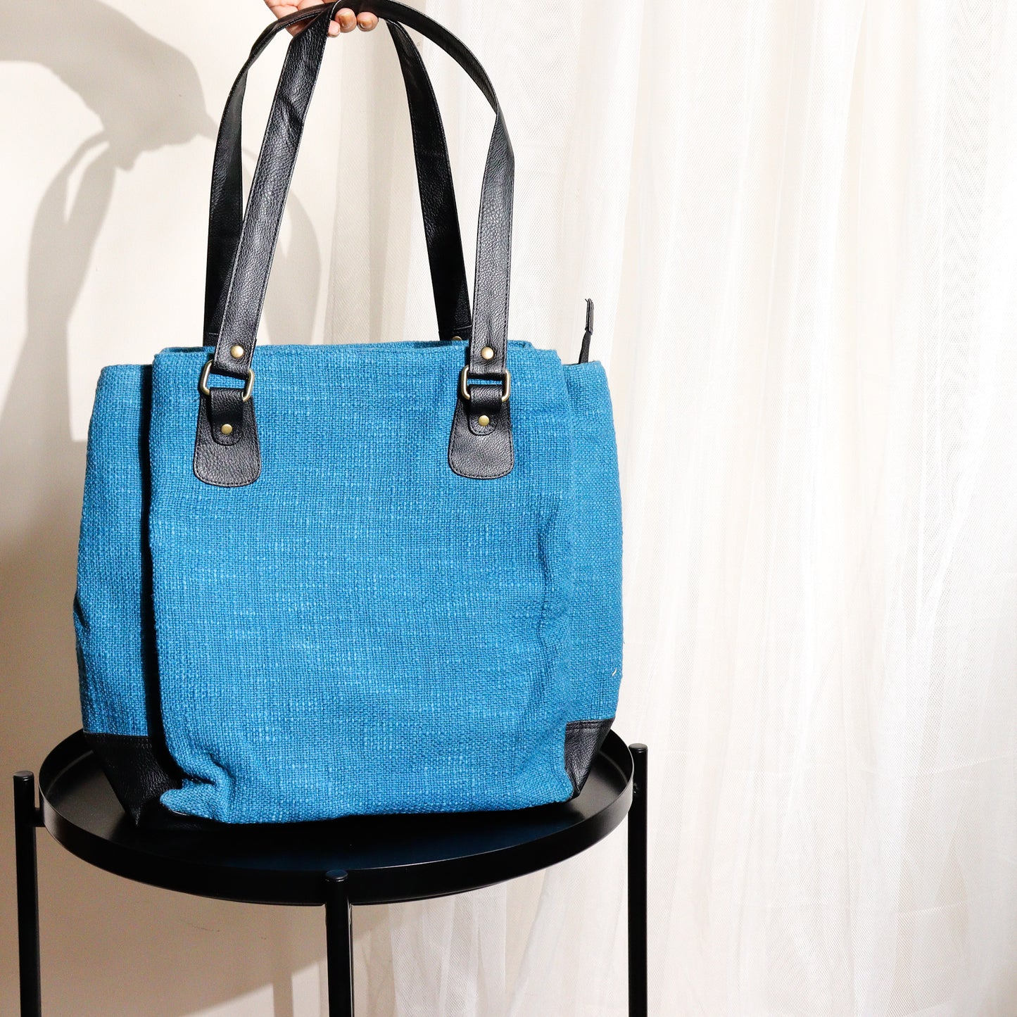 Blue Three Pocket Jute Journey Tote