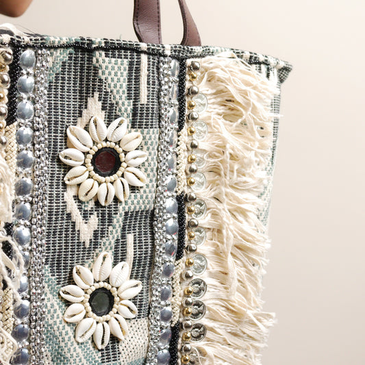 Grey Fringed Jacquard Tote
