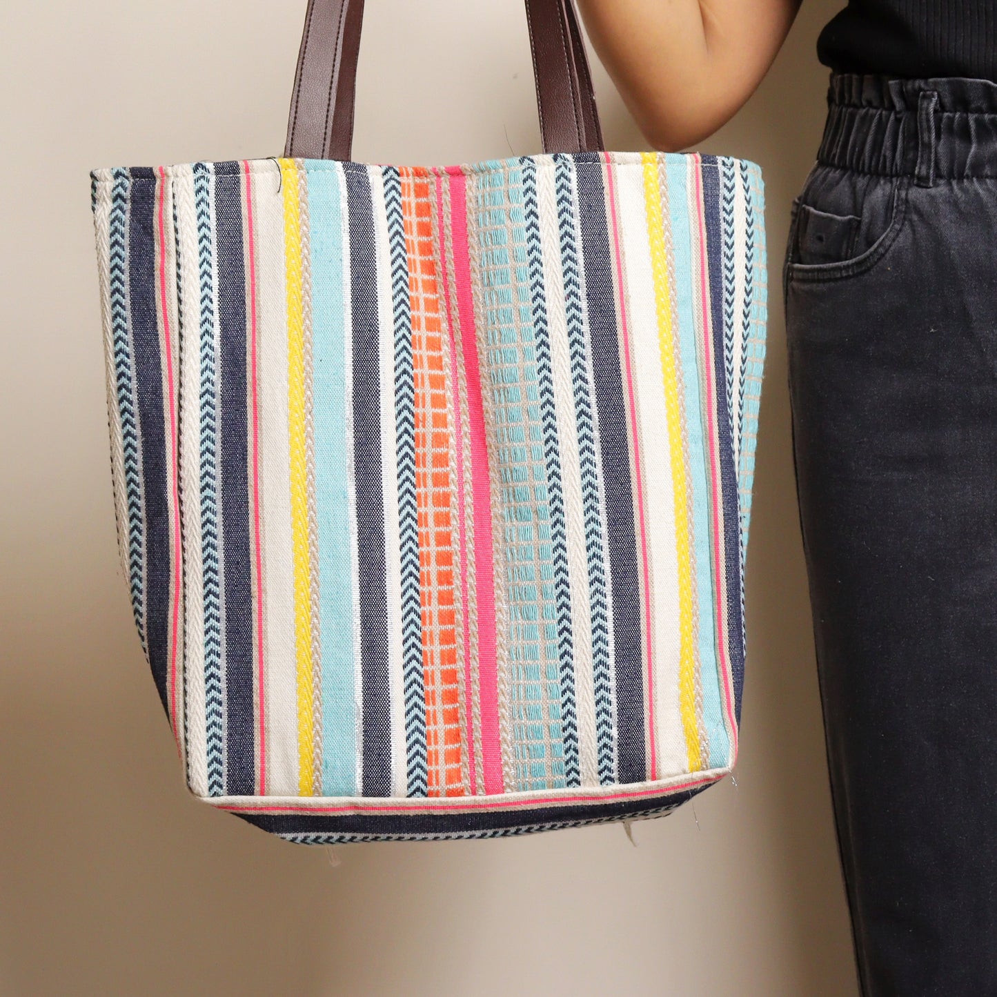 Multi Striped Fringed Jacquard Tote