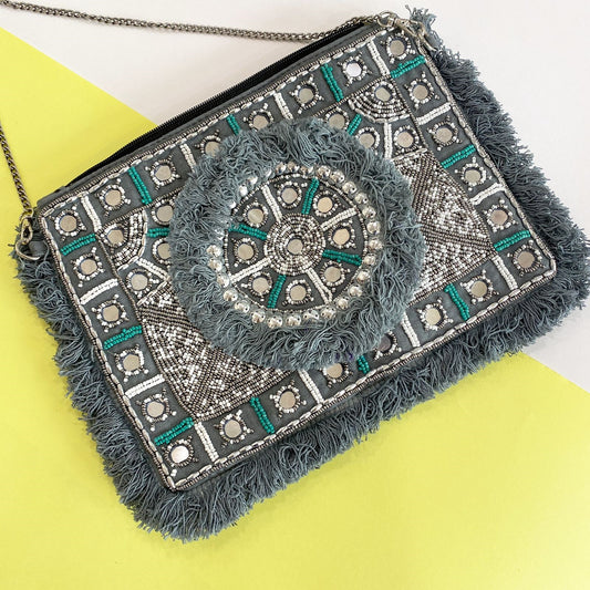 Snow Grey Beaded Clutch