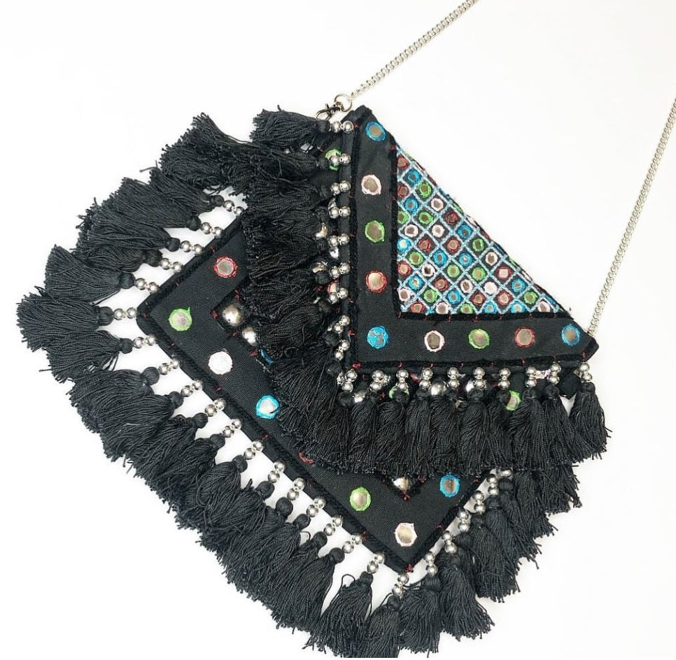 Prismatic Black Tassel Canvas Boho Bag