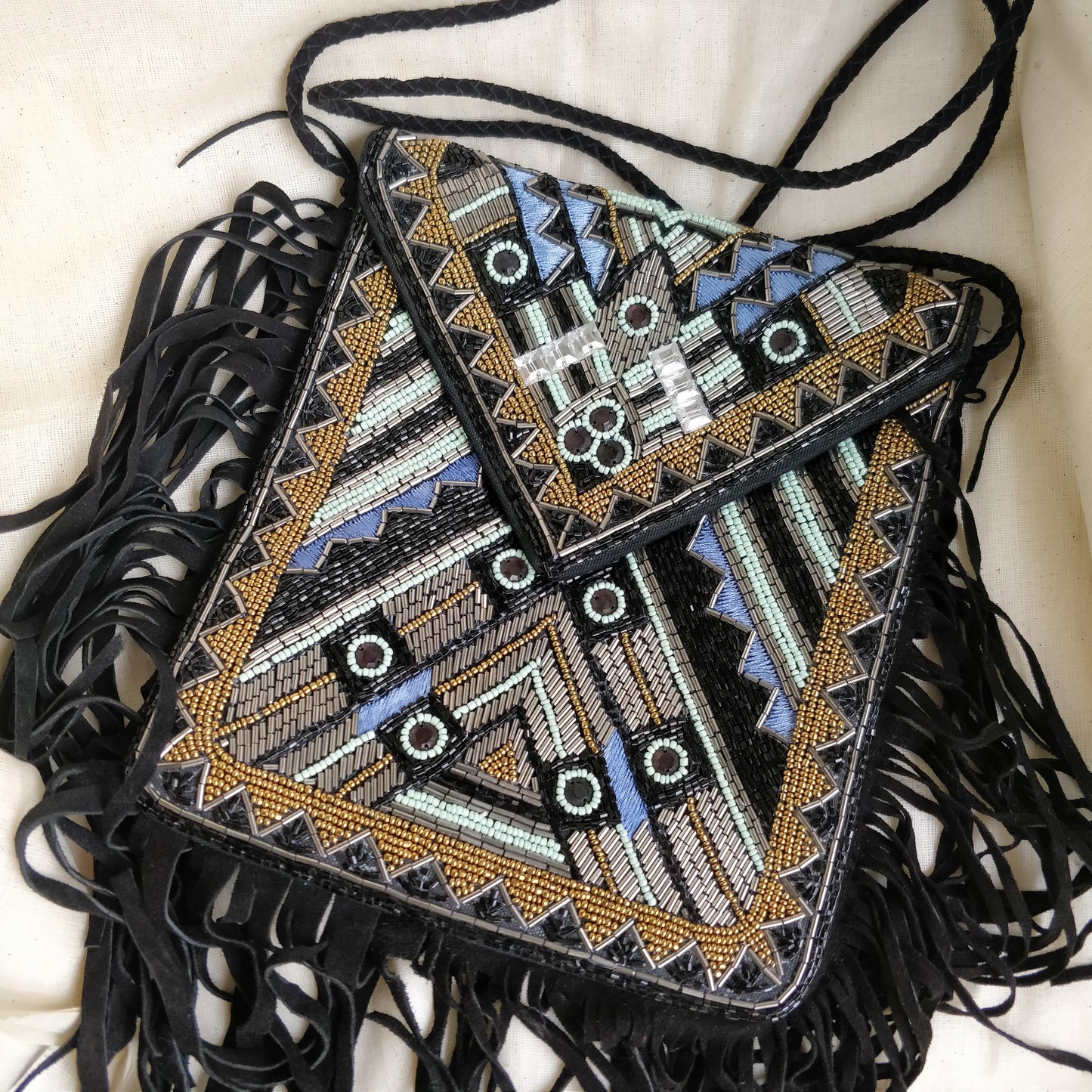 Teal Beaded Leather Fringes Sling