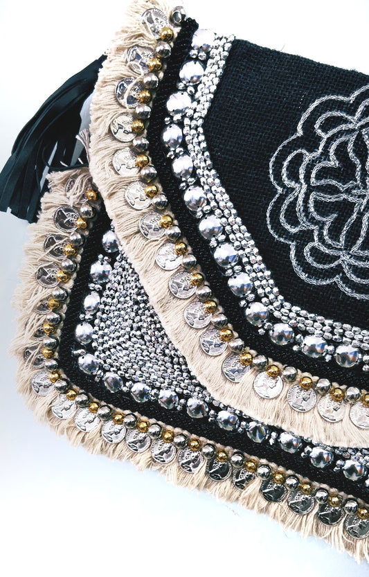 Aba Black Embroidered Jute Coin Clutch