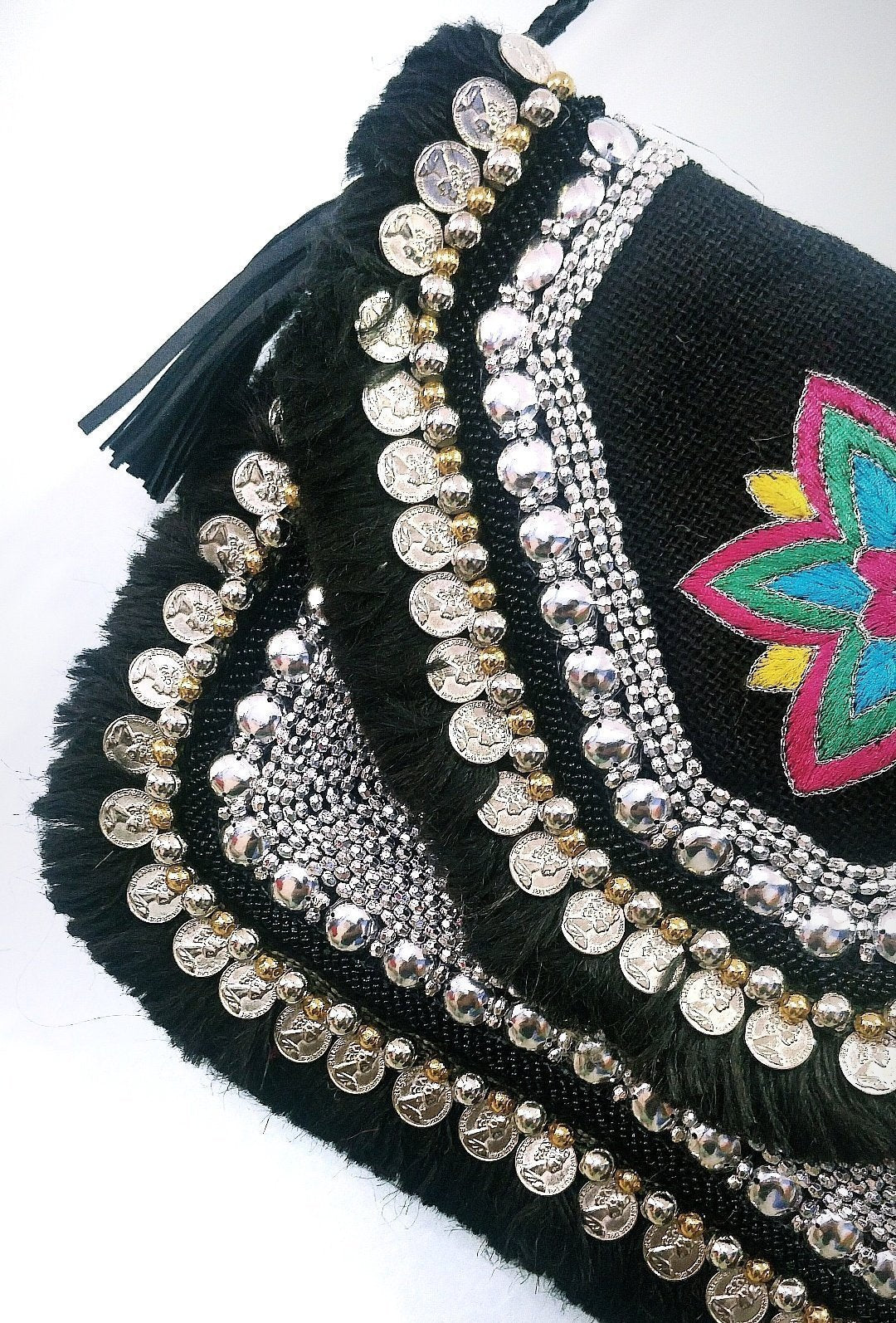 Amaris Mandala Black Embroidered Jute Coin Clutch