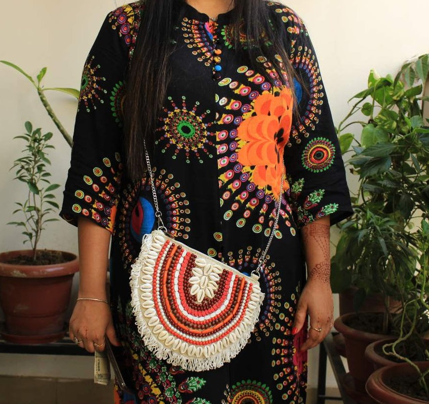 Half Moon Shell Red Beaded Bohemian Bag