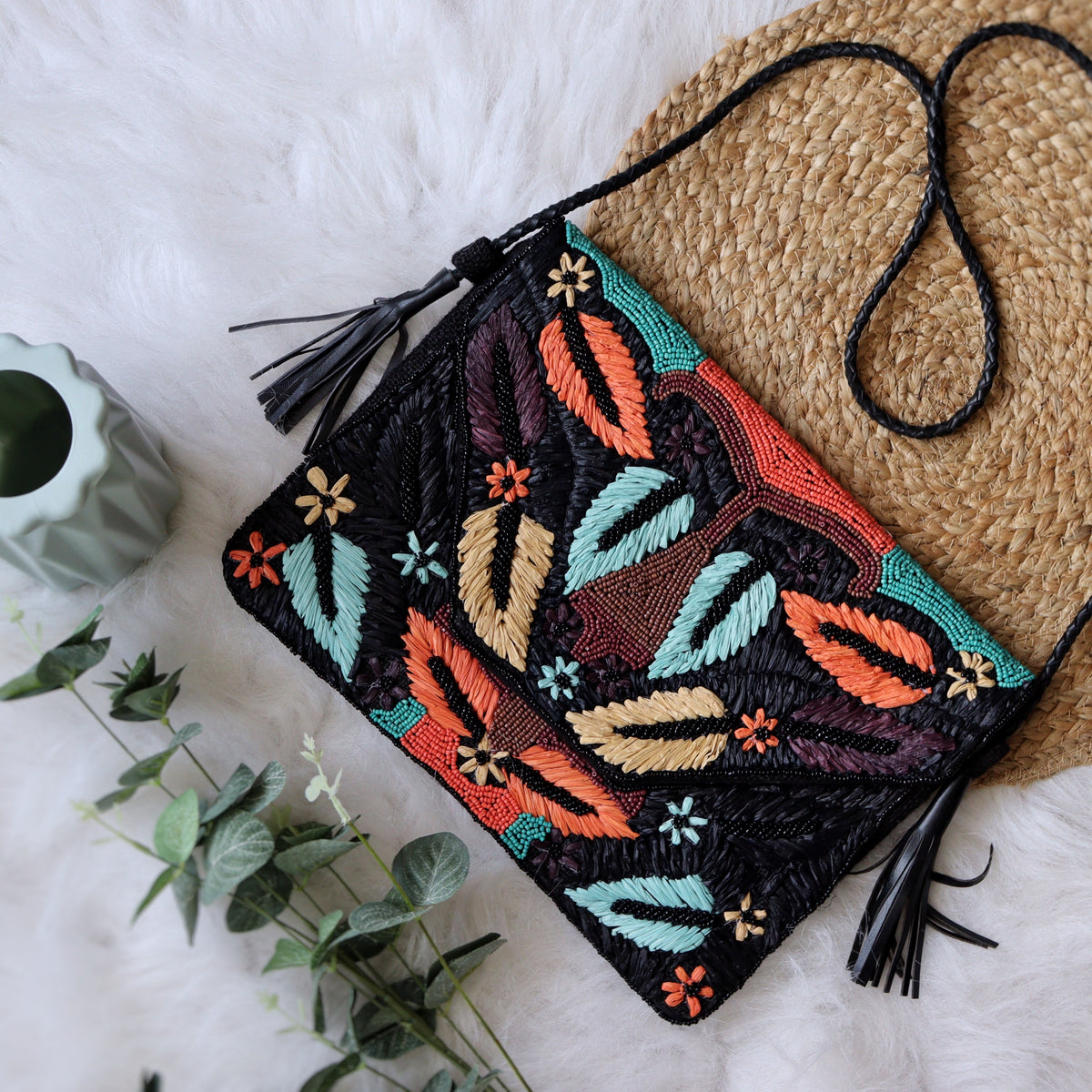 DayDream Raffia Black Clutch Boho Bag Sanskriti777