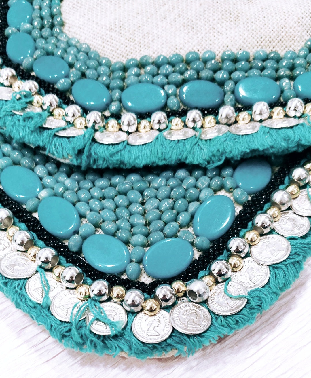 Turquoise White Jute - Glass Beads Bag1