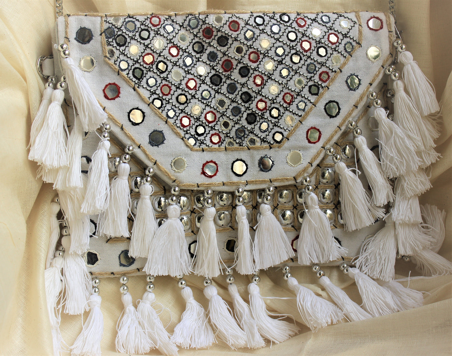 Prismatic White Tassle Canvas Boho Bag