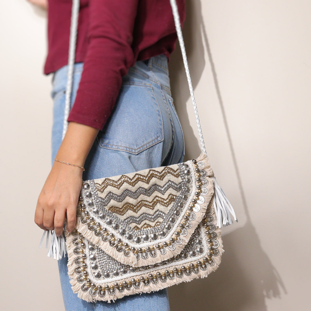 Alicante White Embroidered Jute Sling Clutch Bag Boho Bag