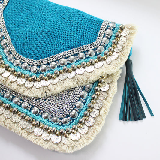 Sky Blue Jute Coin Clutch Boho Bag