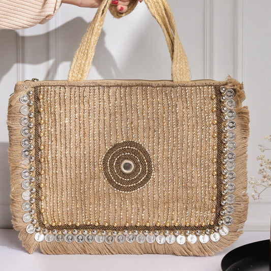 Bonita Tote - Handcrafted Jute Bag with Coin Detailing