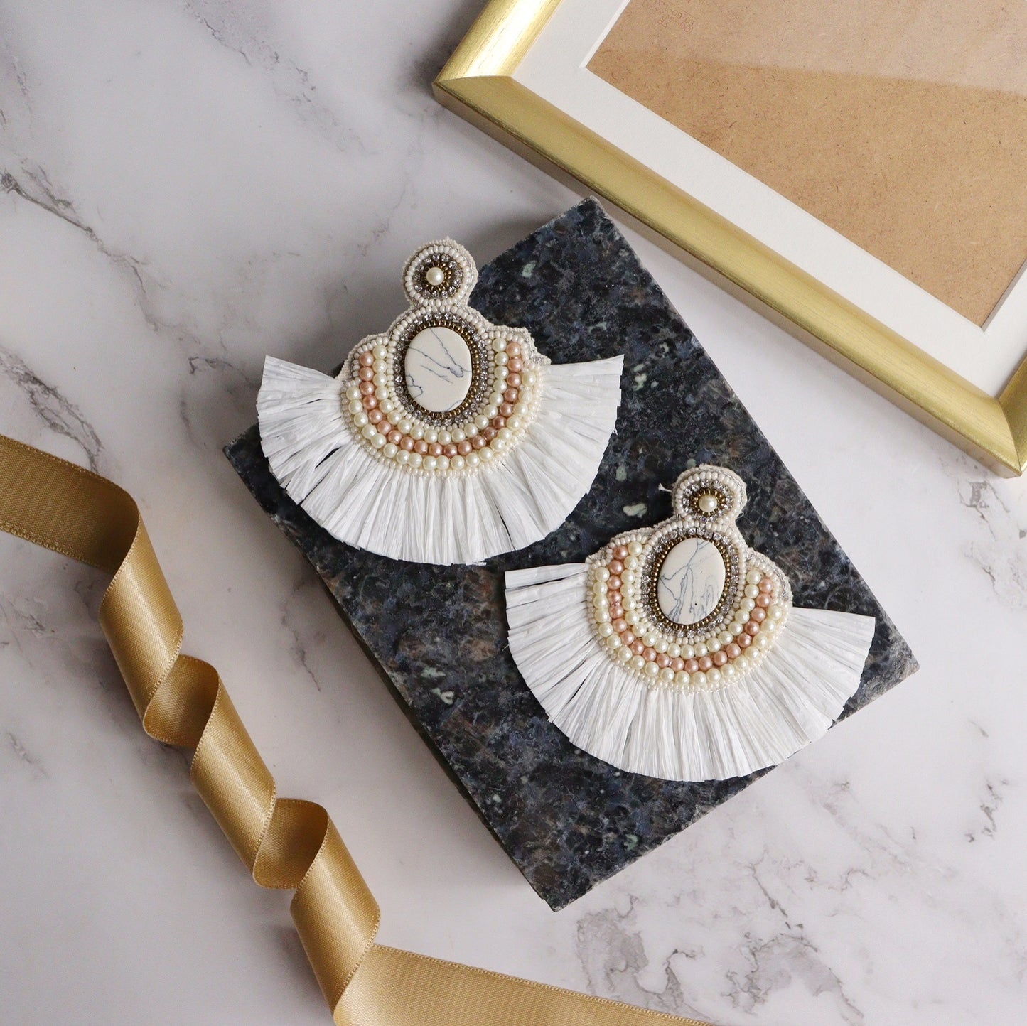 White Stoned Raffia Earring
