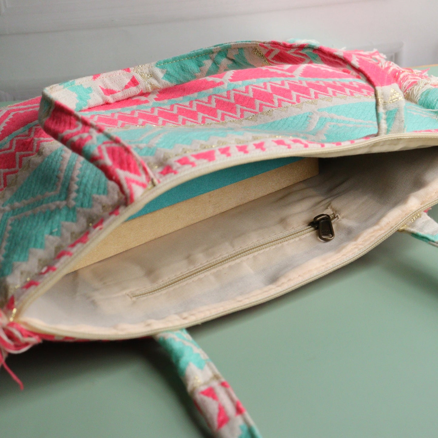 Pink & Turq Jacquard Ruffeled Tote
