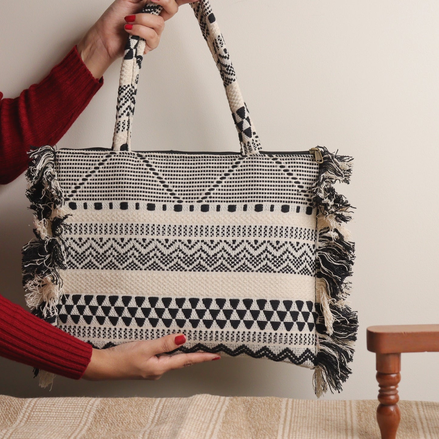 Black Jacquard Ruffeled Tote