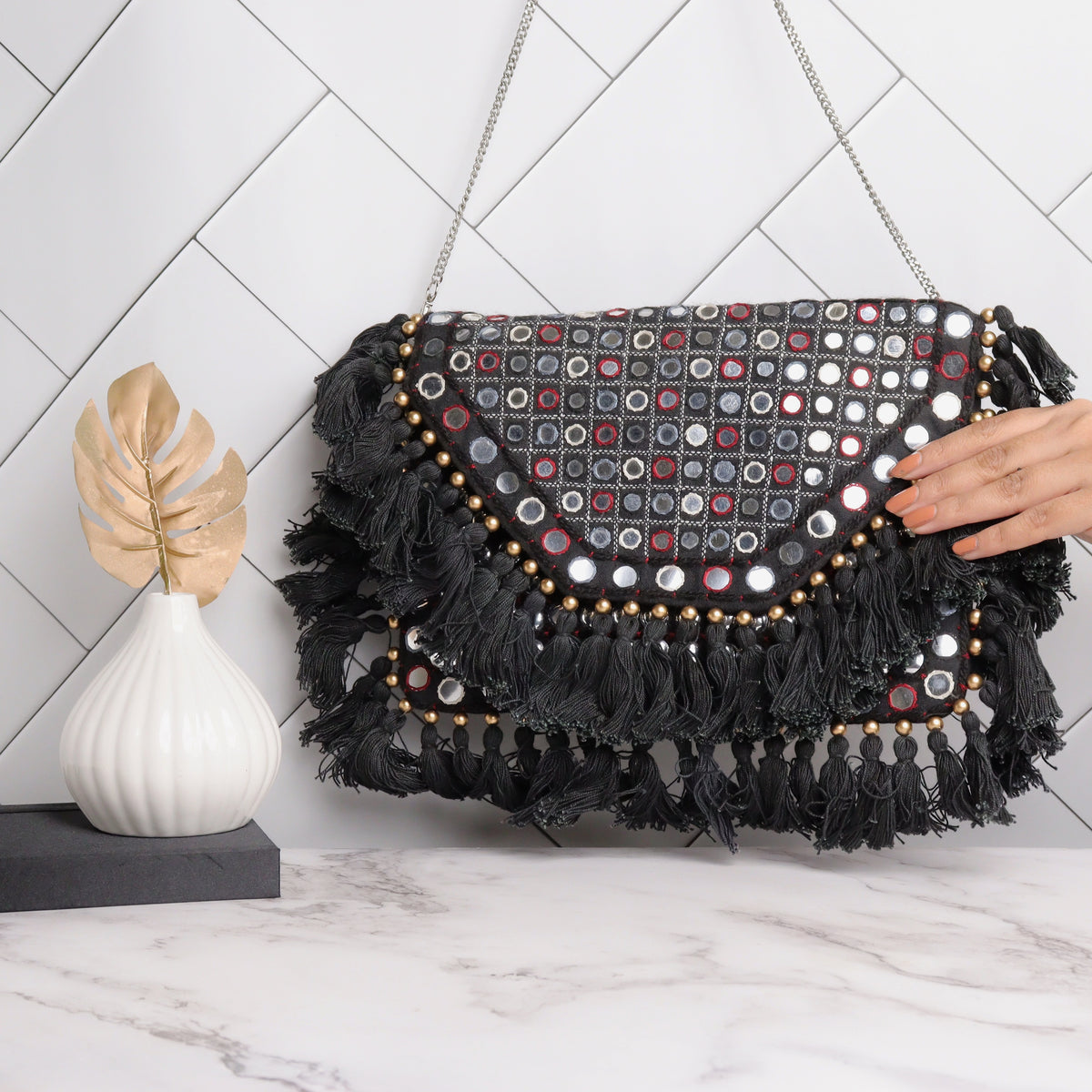 Prismatic Black Tassel Bag Sanskriti777