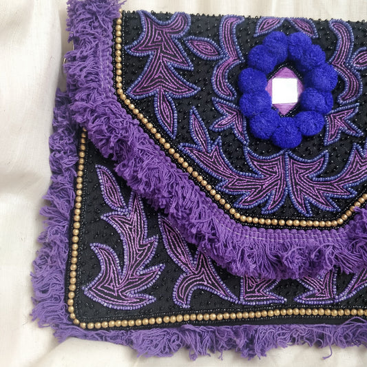 Purple Pom Black Clutch Boho Bag