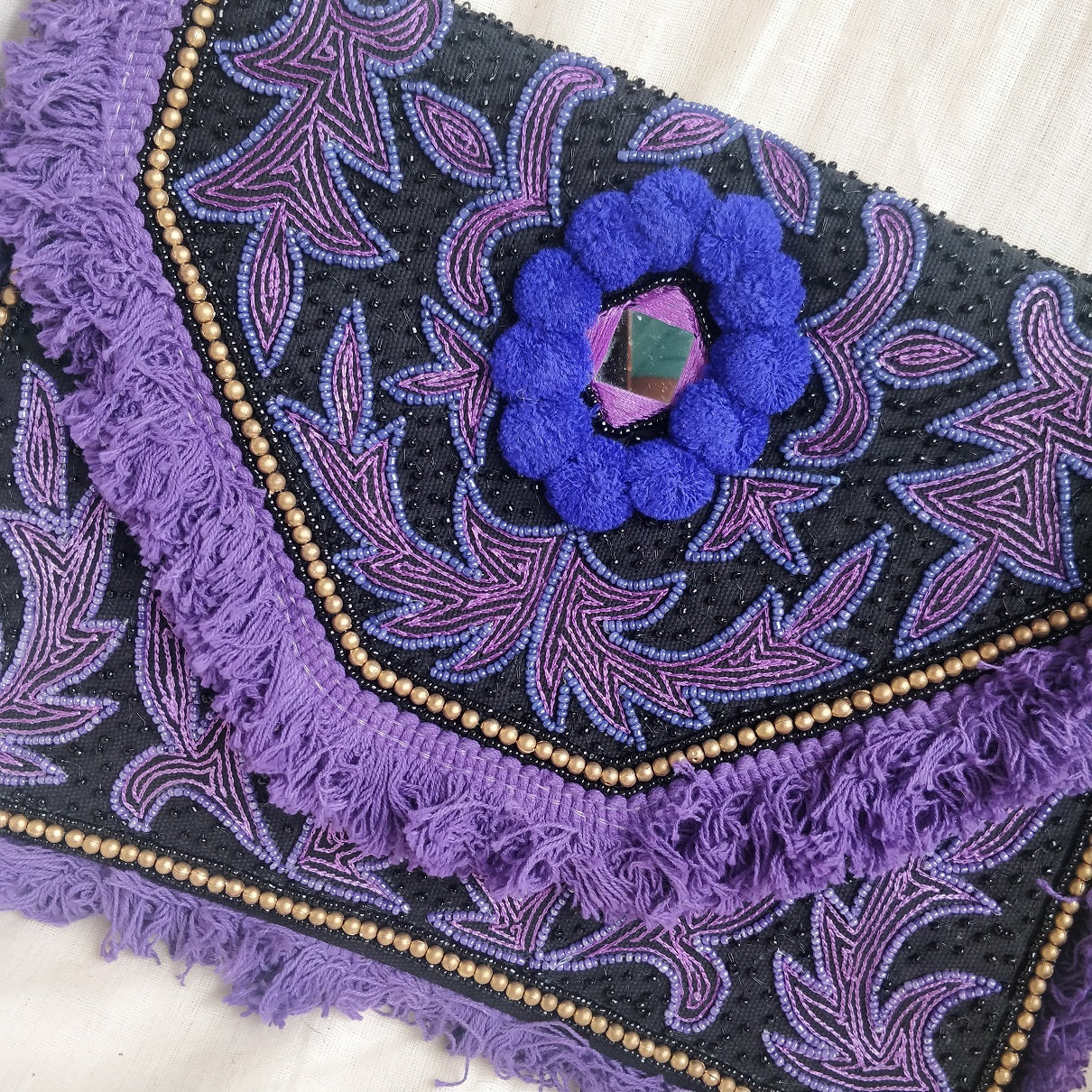 Purple Pom Black Clutch Boho Bag