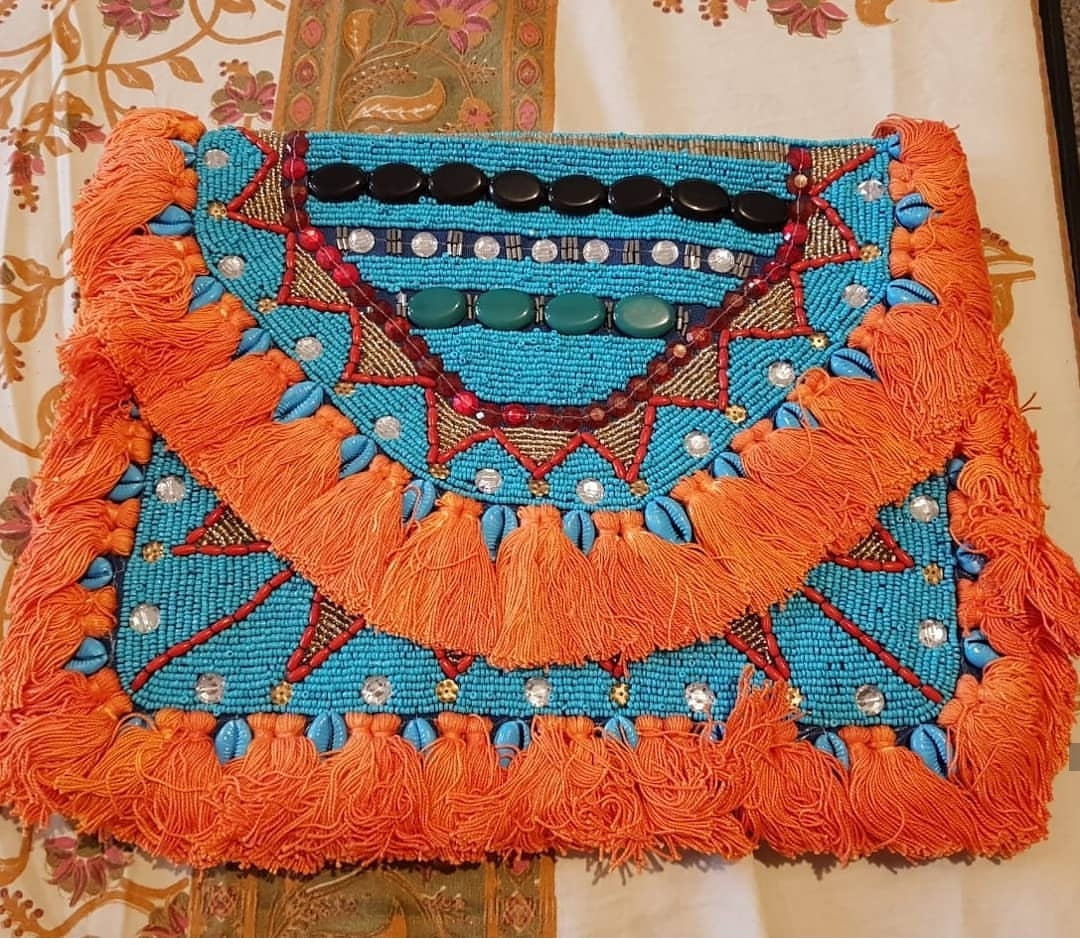 Canberra Orange Beaded Canvas Clutch Boho Bag