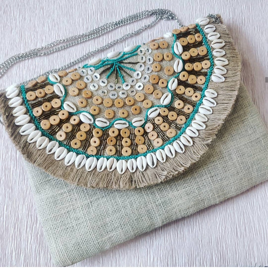 Santorini Shell Jute Clutch Boho Bag - Turquoise
