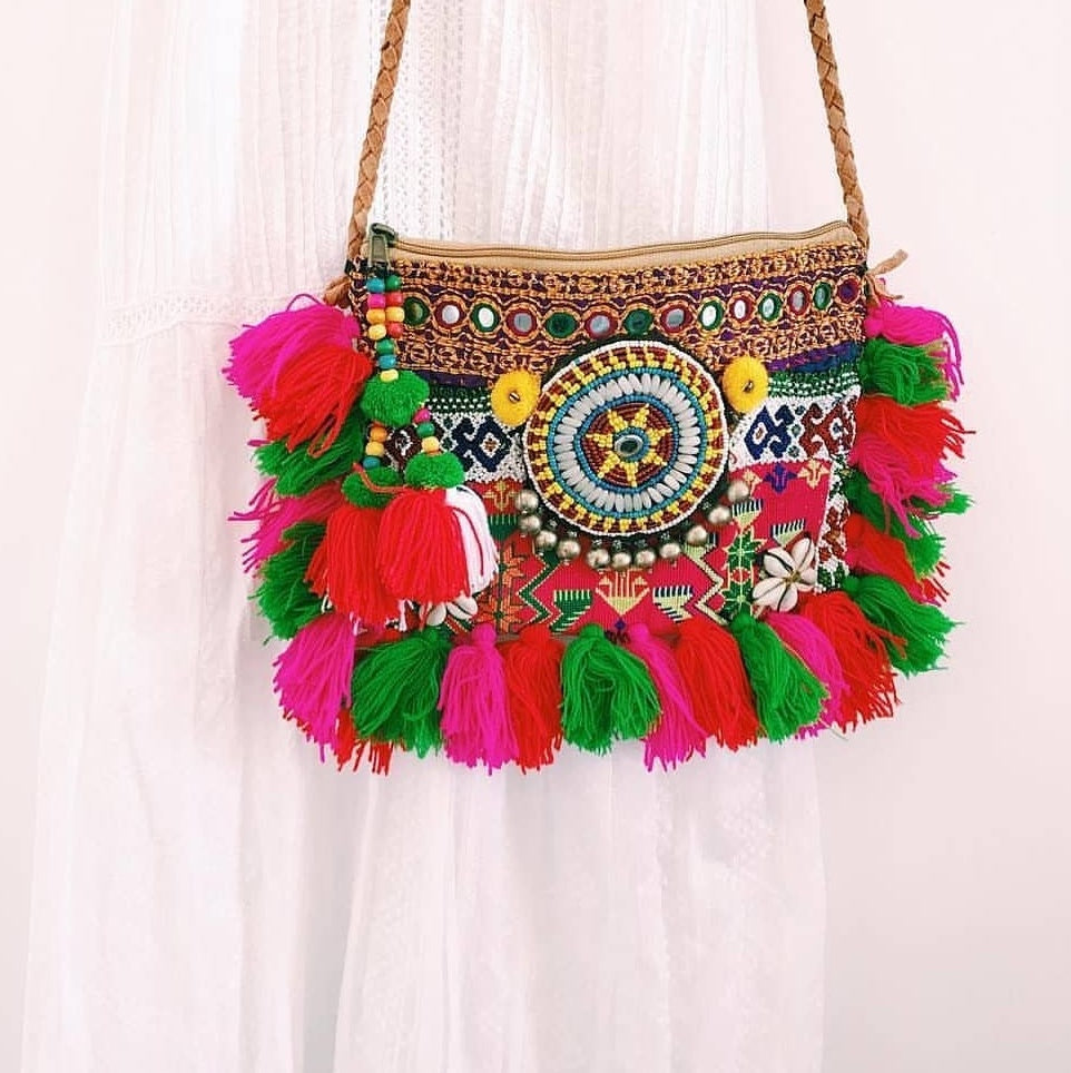 Igatpuri Tribal Vintage Afghani Fabric Pom Pom Boho Bag