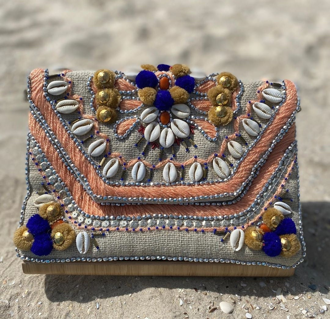 Latsi Pink Pom & Shell Jute Clutch Boho Bag