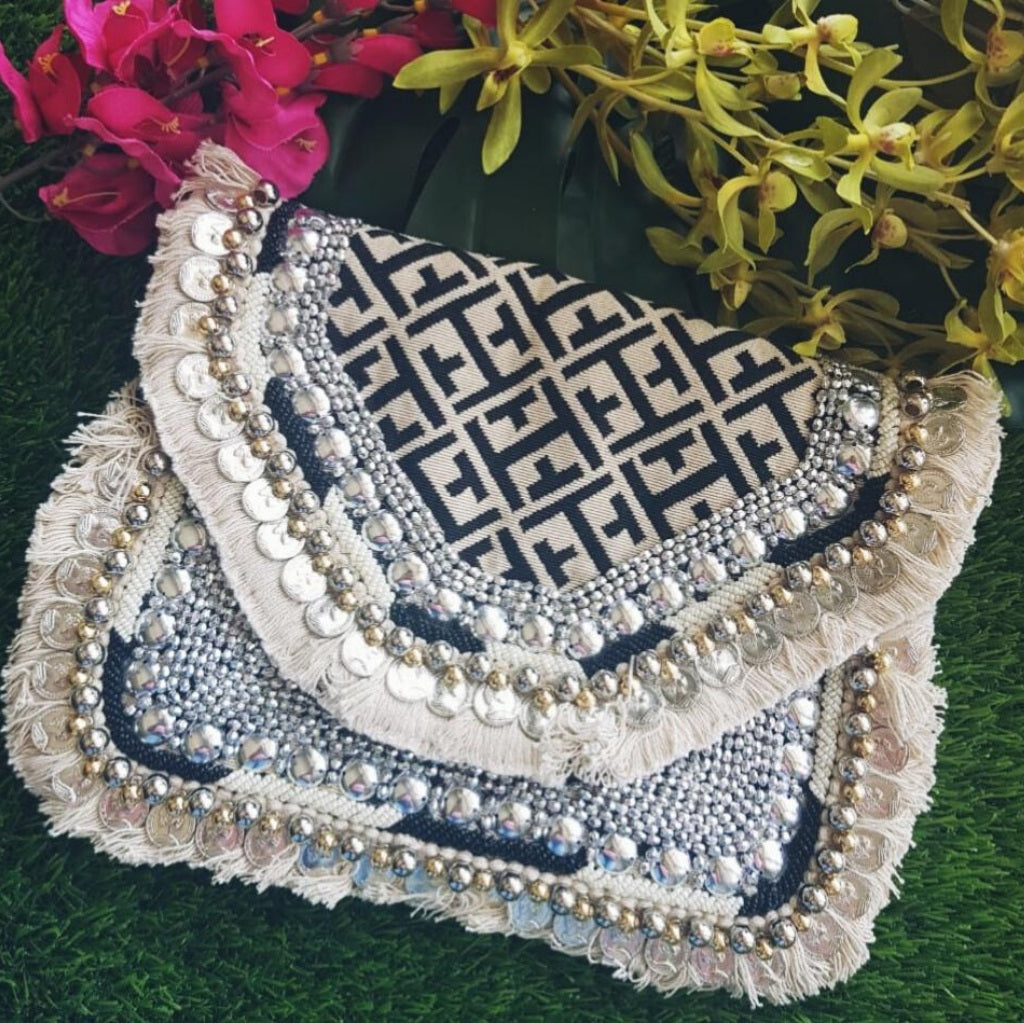 Black White Stripes Jacquard Coin Bohemian Bag