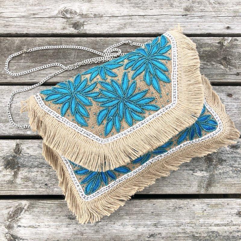 Araku Turquoise Flower Jute Clutch Boho Bag