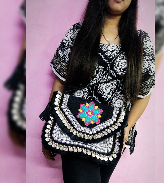 Amaris Mandala Black Embroidered Jute Coin Clutch