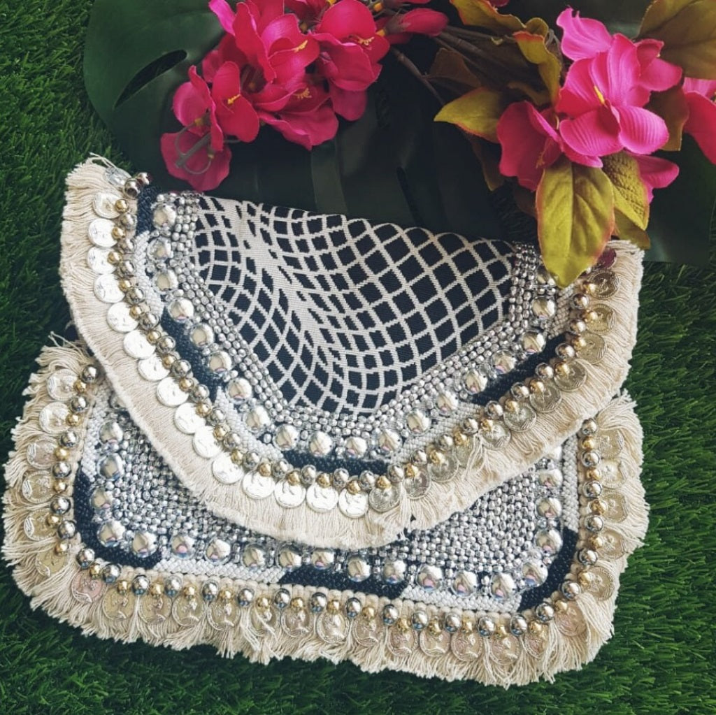 Black White Jacquard Coin Bohemian Bag