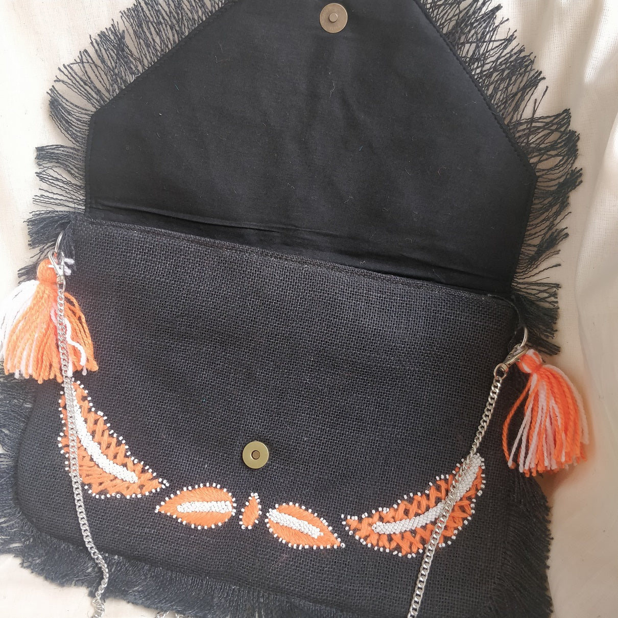 Salamis Black Orange Jute Clutch Boho Bag