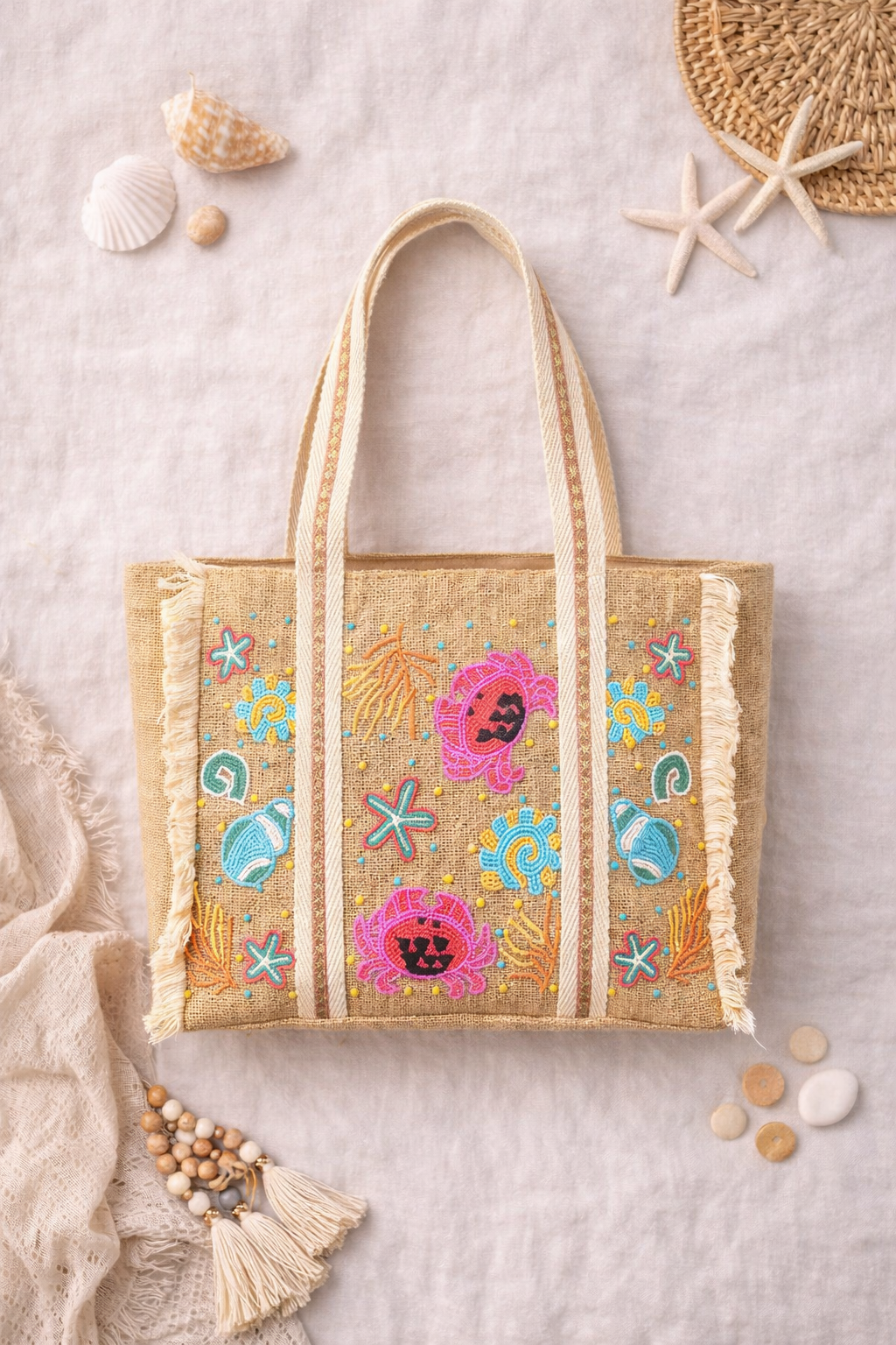 Coastal Bloom Jute Tote Bag