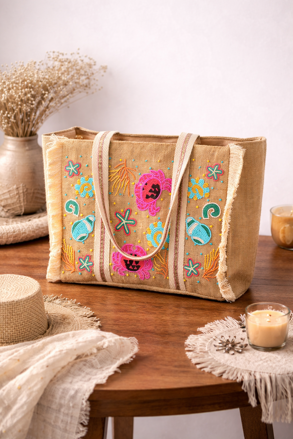 Coastal Bloom Jute Tote Bag