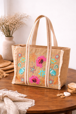 Coastal Bloom Jute Tote Bag