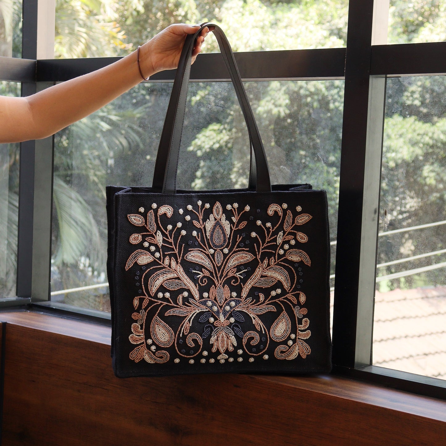 Elegant Black Embroidery Tote Bag
