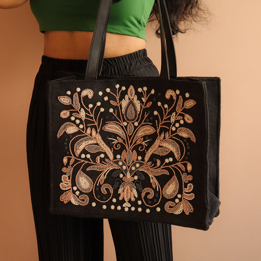 Elegant Black Embroidery Tote Bag