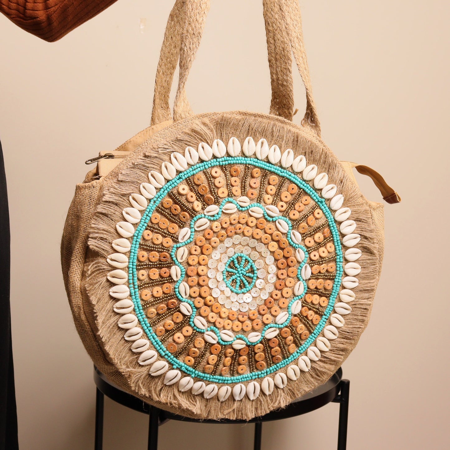 Round Shell Beaded Tote Bag
