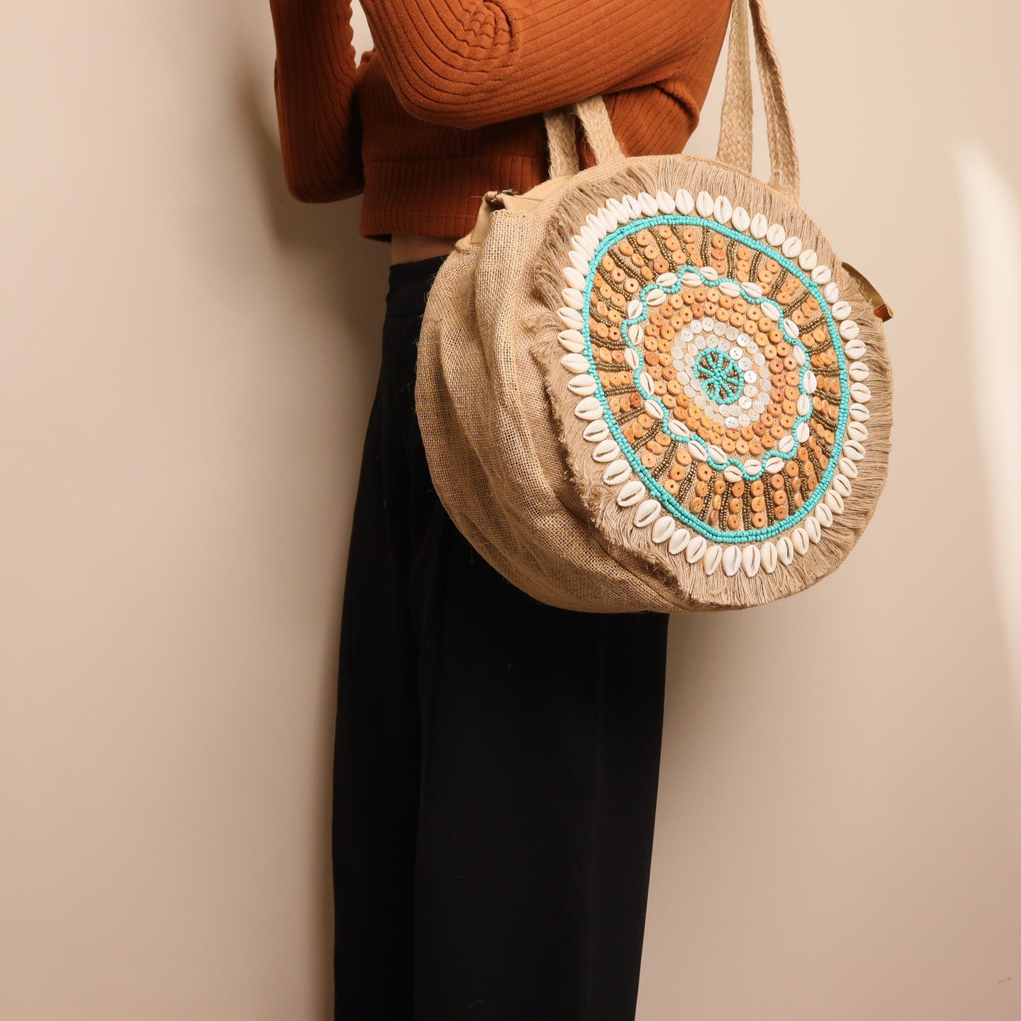 Round Shell Beaded Tote Bag
