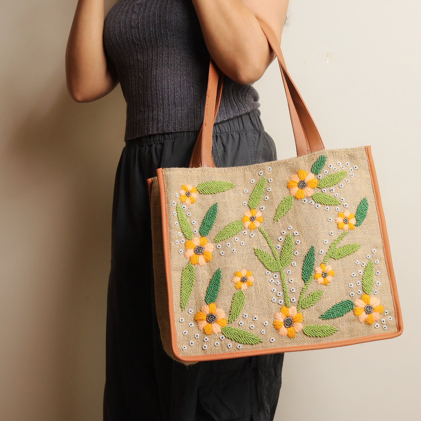 Sunny Garden Jute Tote Bag
