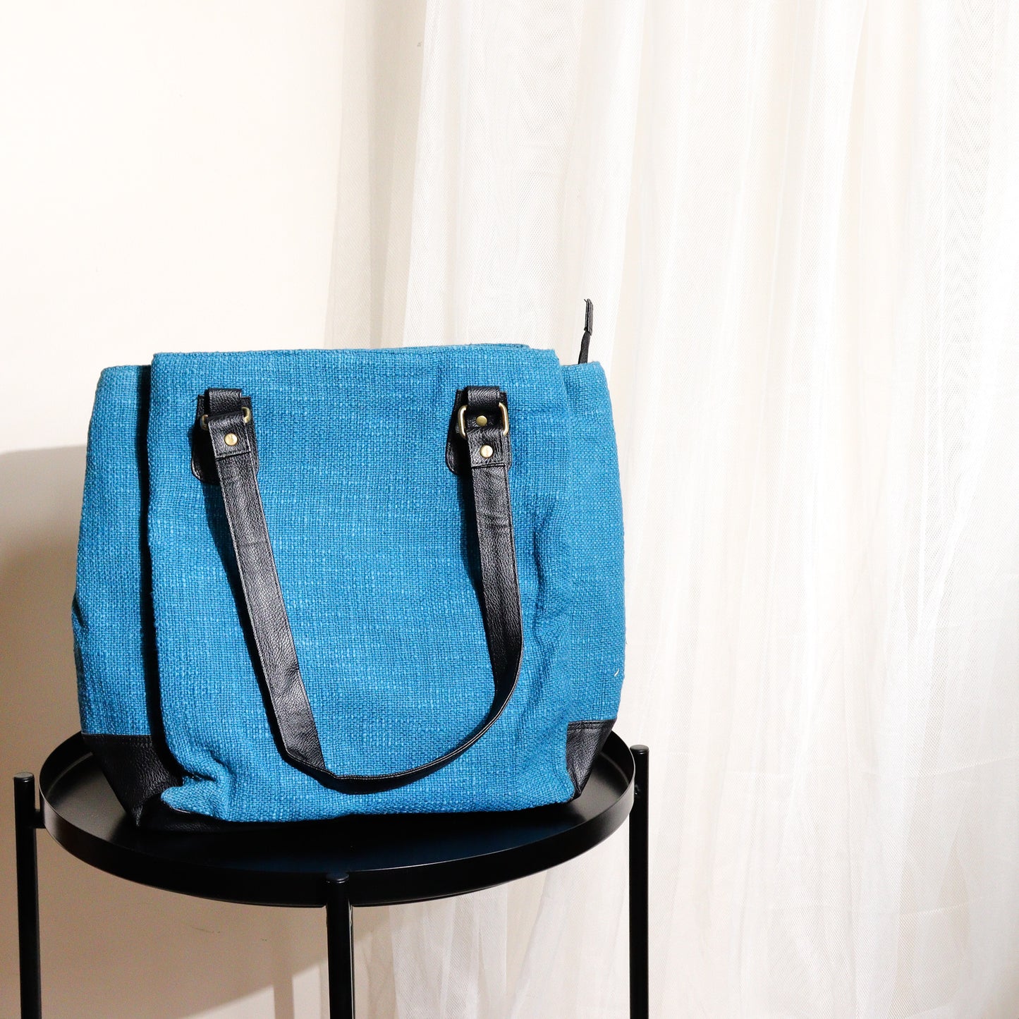 Blue Three Pocket Jute Journey Tote