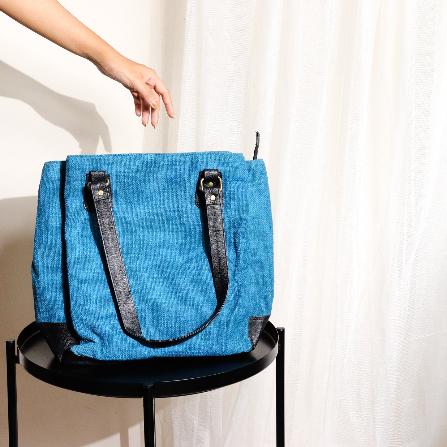 Blue Three Pocket Jute Journey Tote
