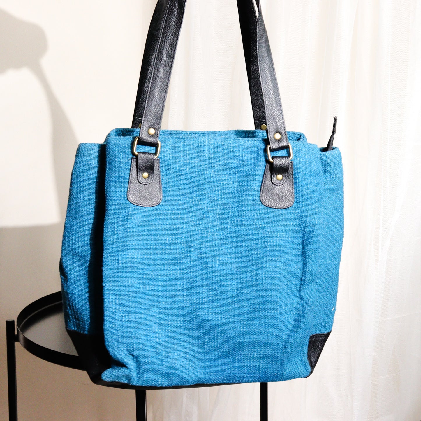 Blue Three Pocket Jute Journey Tote