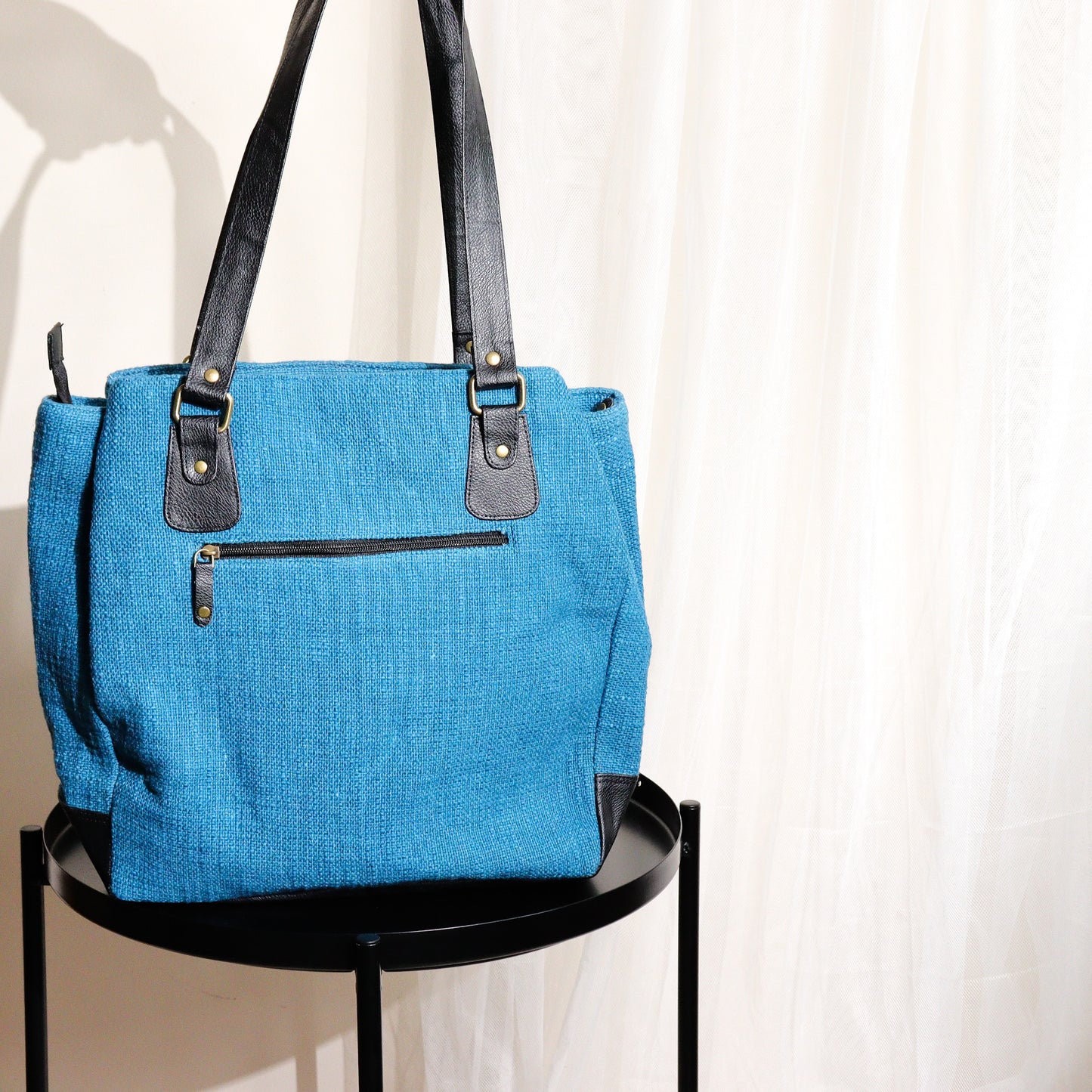 Blue Three Pocket Jute Journey Tote