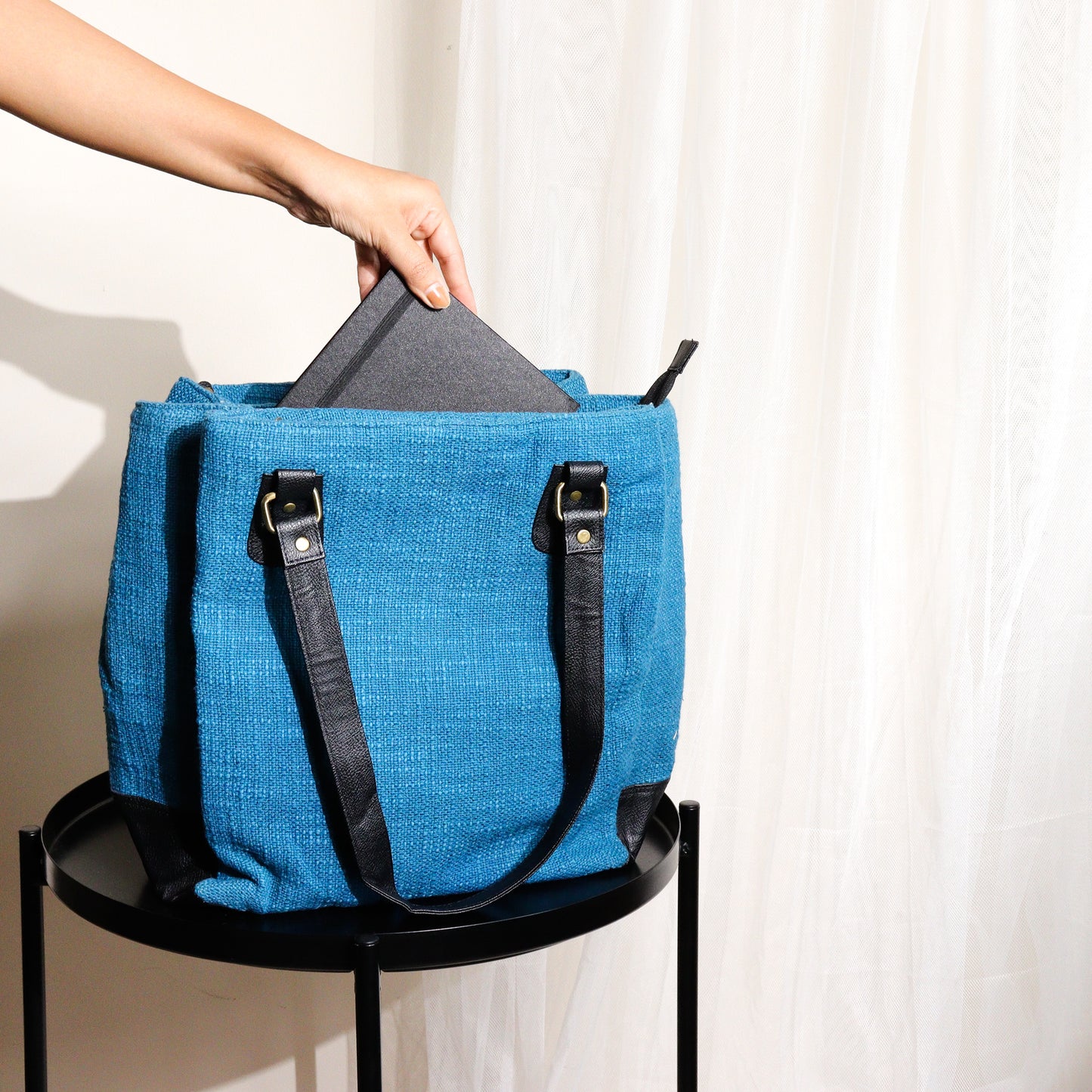 Blue Three Pocket Jute Journey Tote