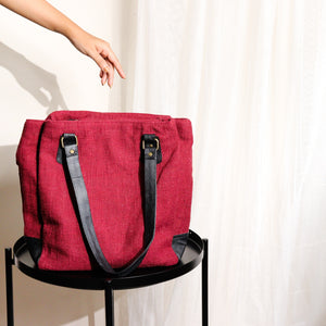 Maroon Three Pocket Jute Journey Tote