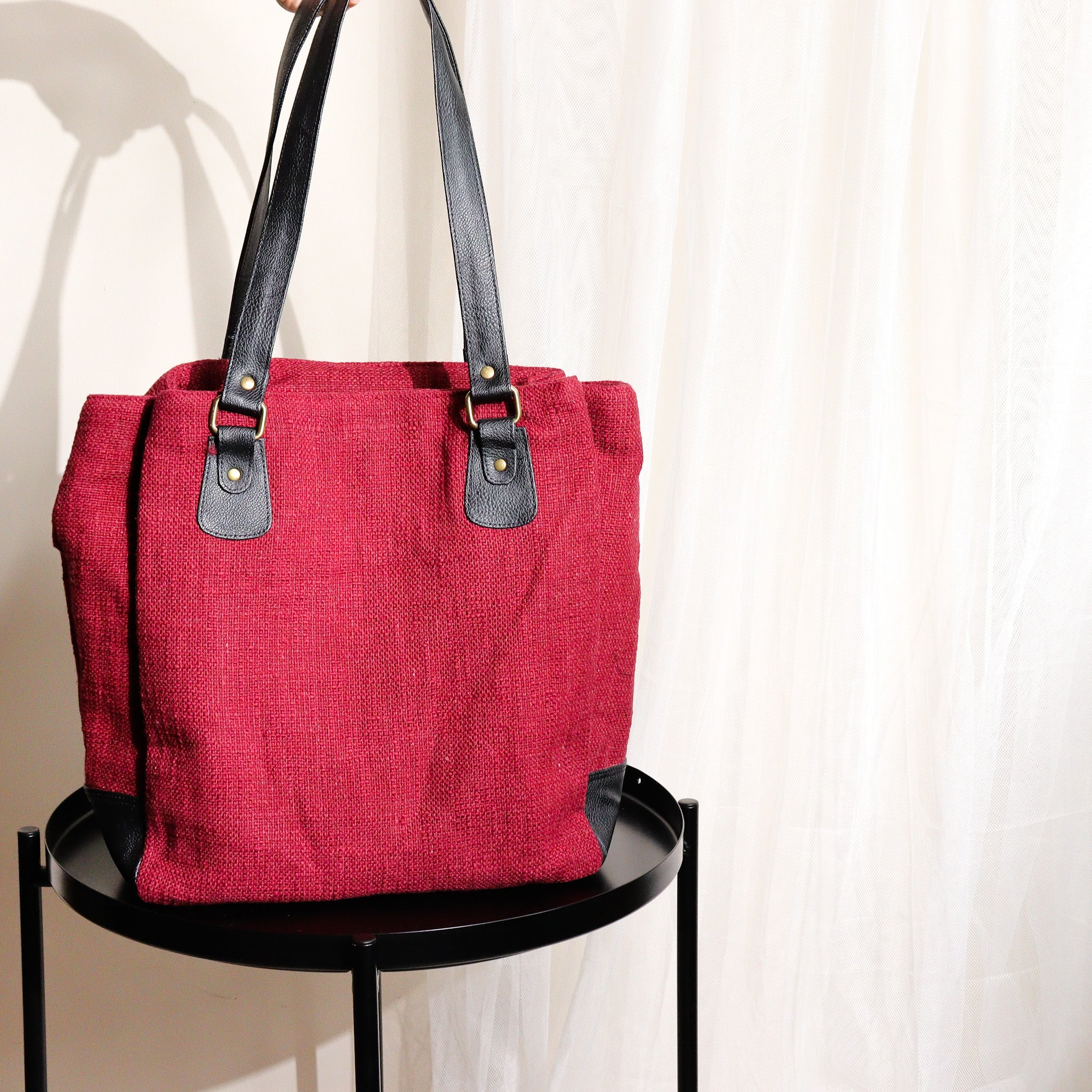 Maroon Three Pocket Jute Journey Tote