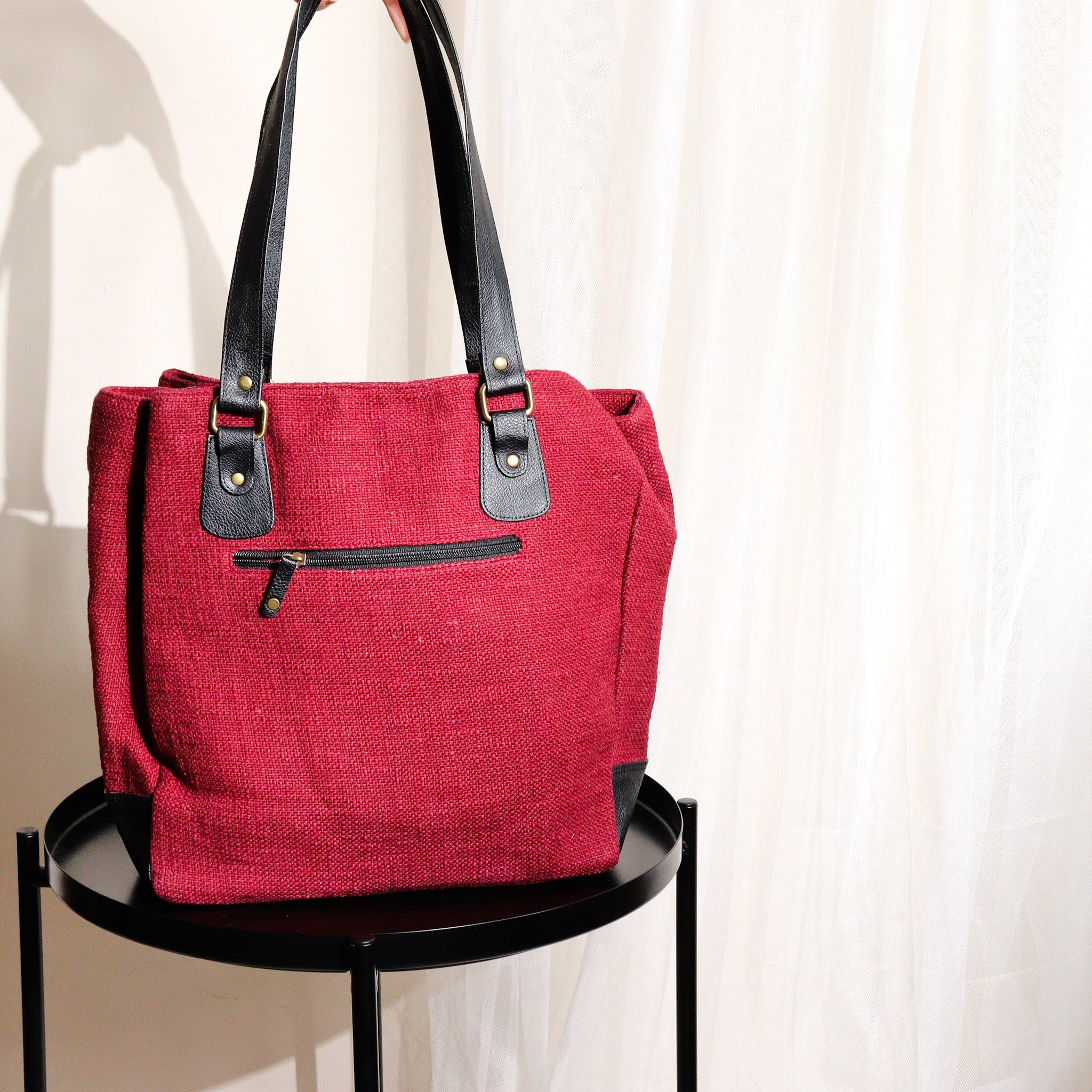 Maroon Three Pocket Jute Journey Tote