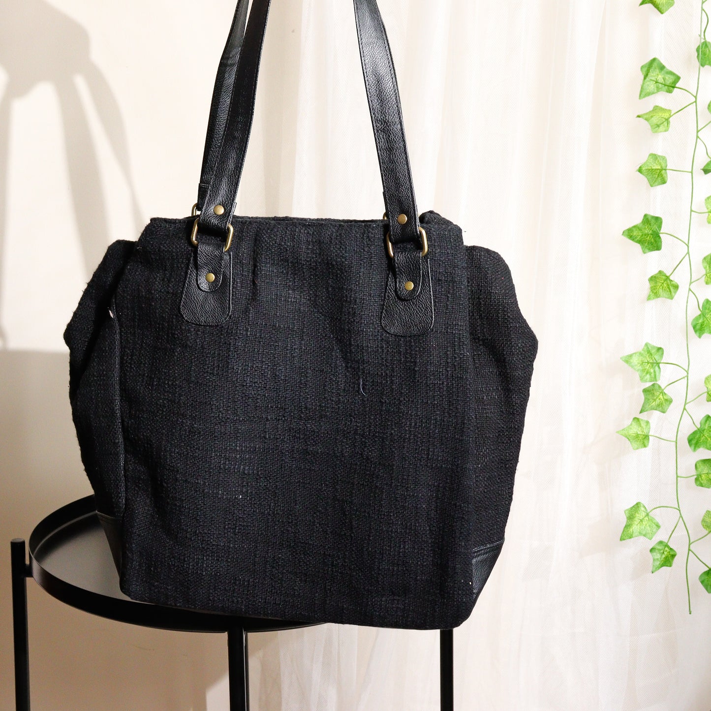 Black Three Pocket Jute Journey Tote