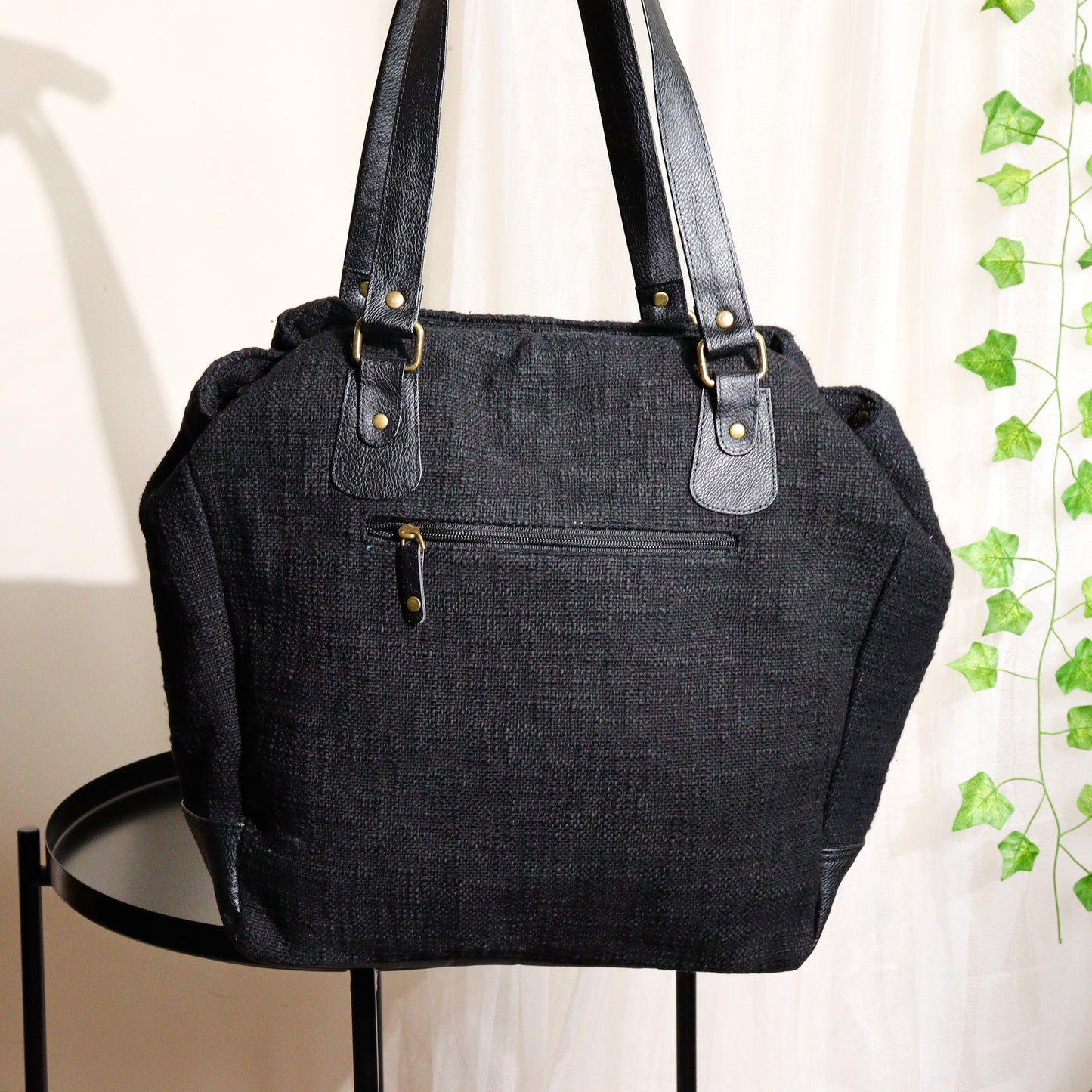 Black Three Pocket Jute Journey Tote