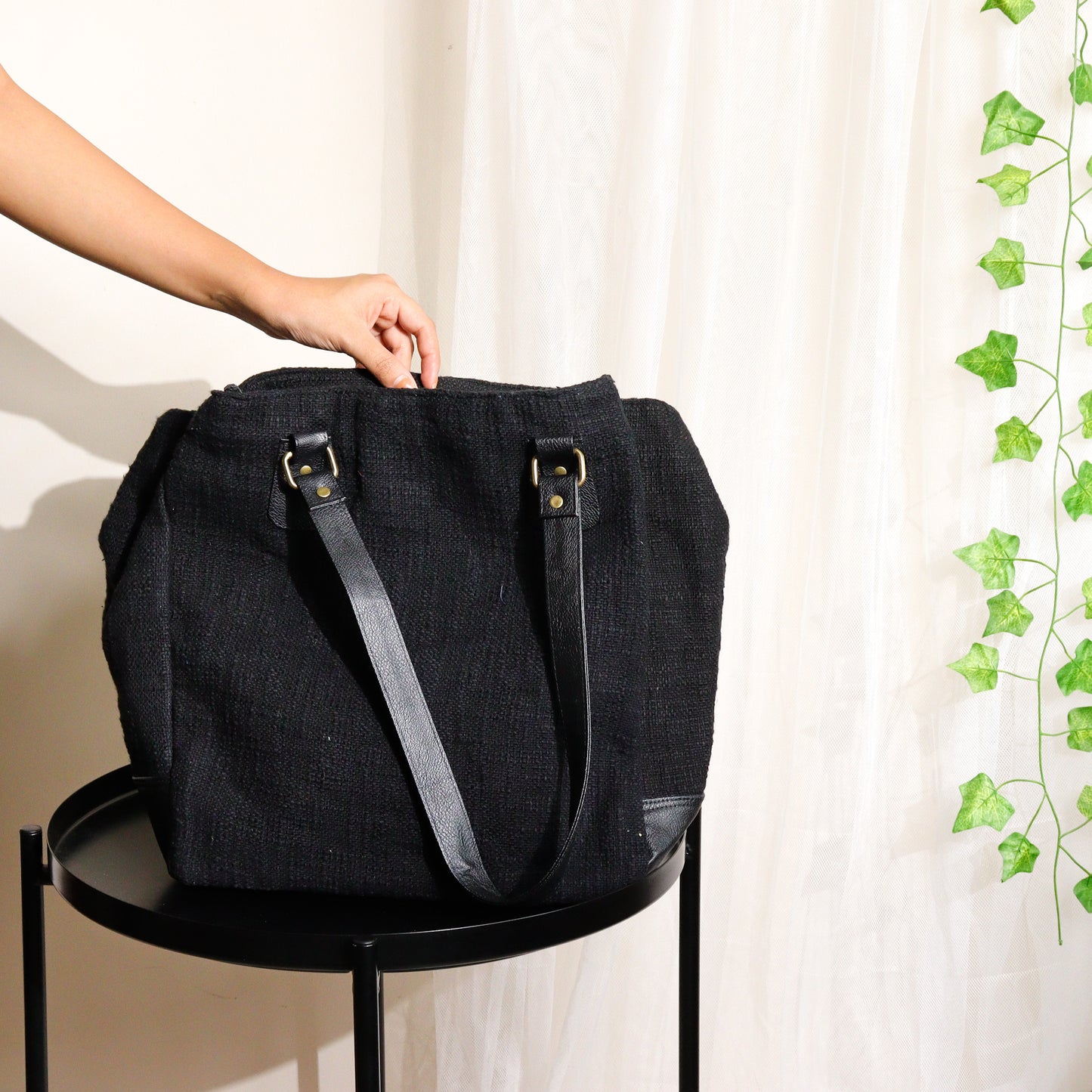 Black Three Pocket Jute Journey Tote