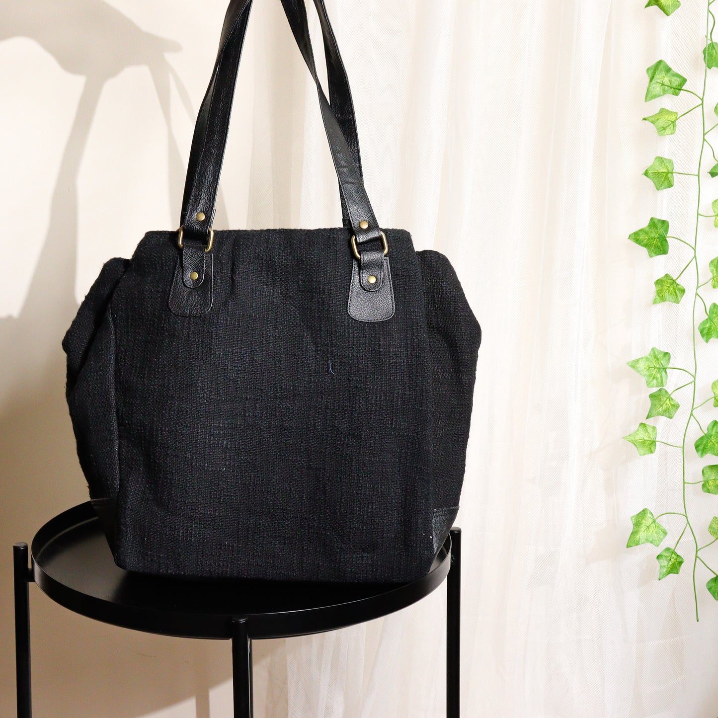 Black Three Pocket Jute Journey Tote